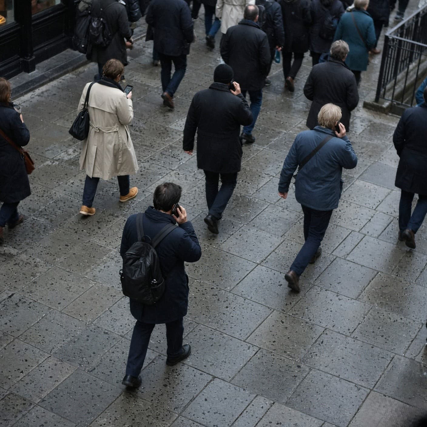 A busy pavement seen from above, commuters walking in the rain, several on their phones, faces indistinct.