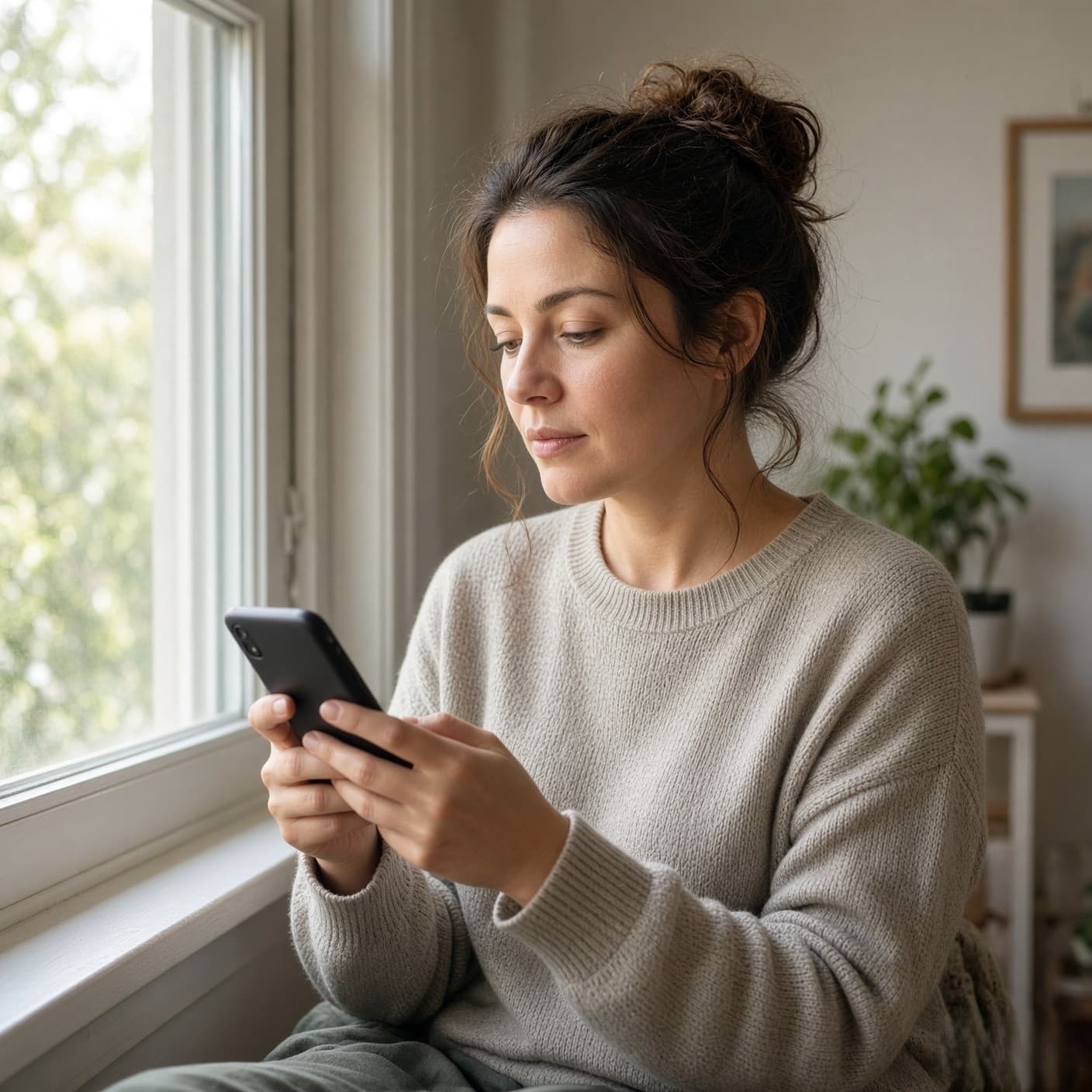 A woman sitting by a window in soft daylight, calmly looking at her phone.