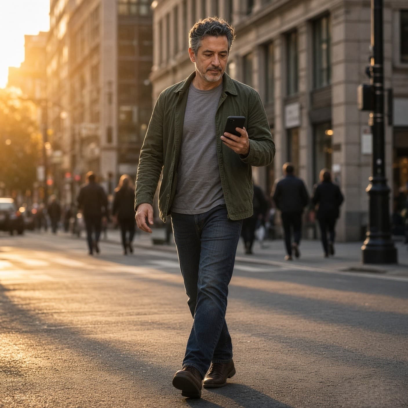 A man walking across a city street at golden hour, phone in hand, mid-stride.