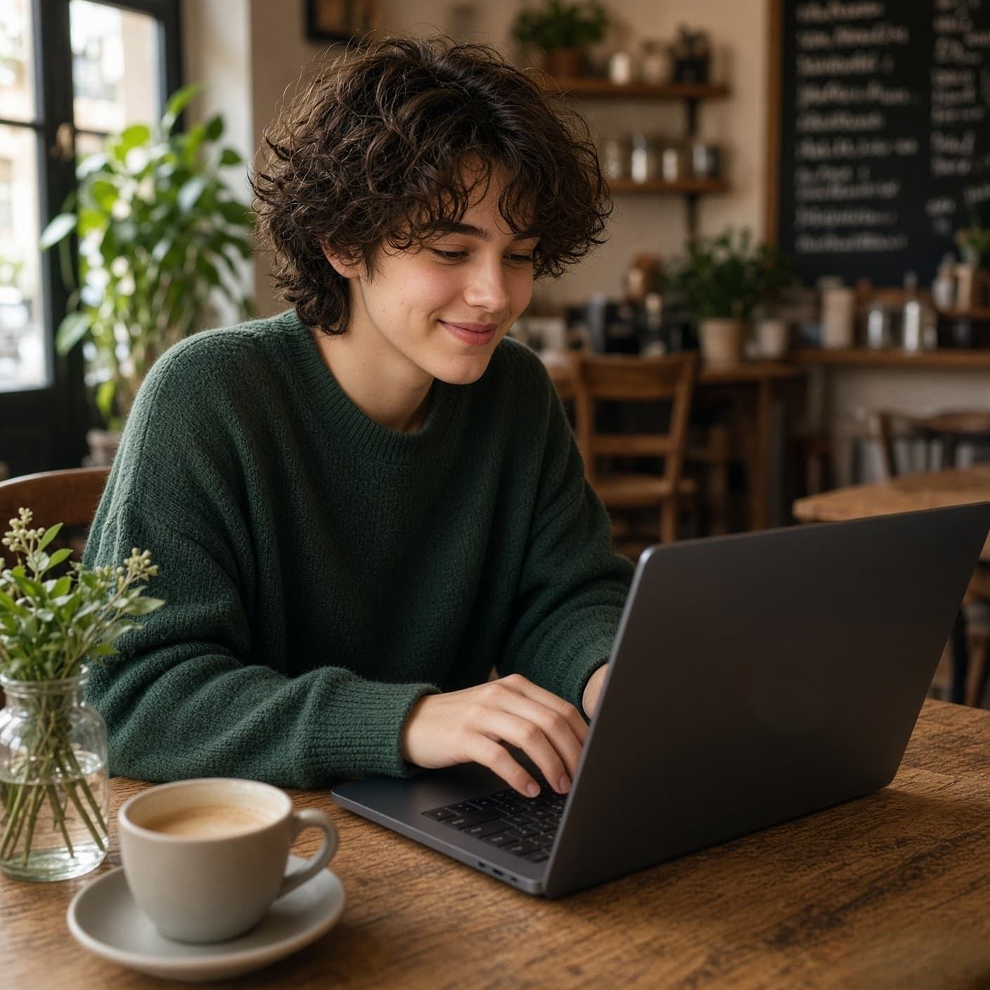 A young person smiling while working on a laptop at a cafe table, coffee beside them.